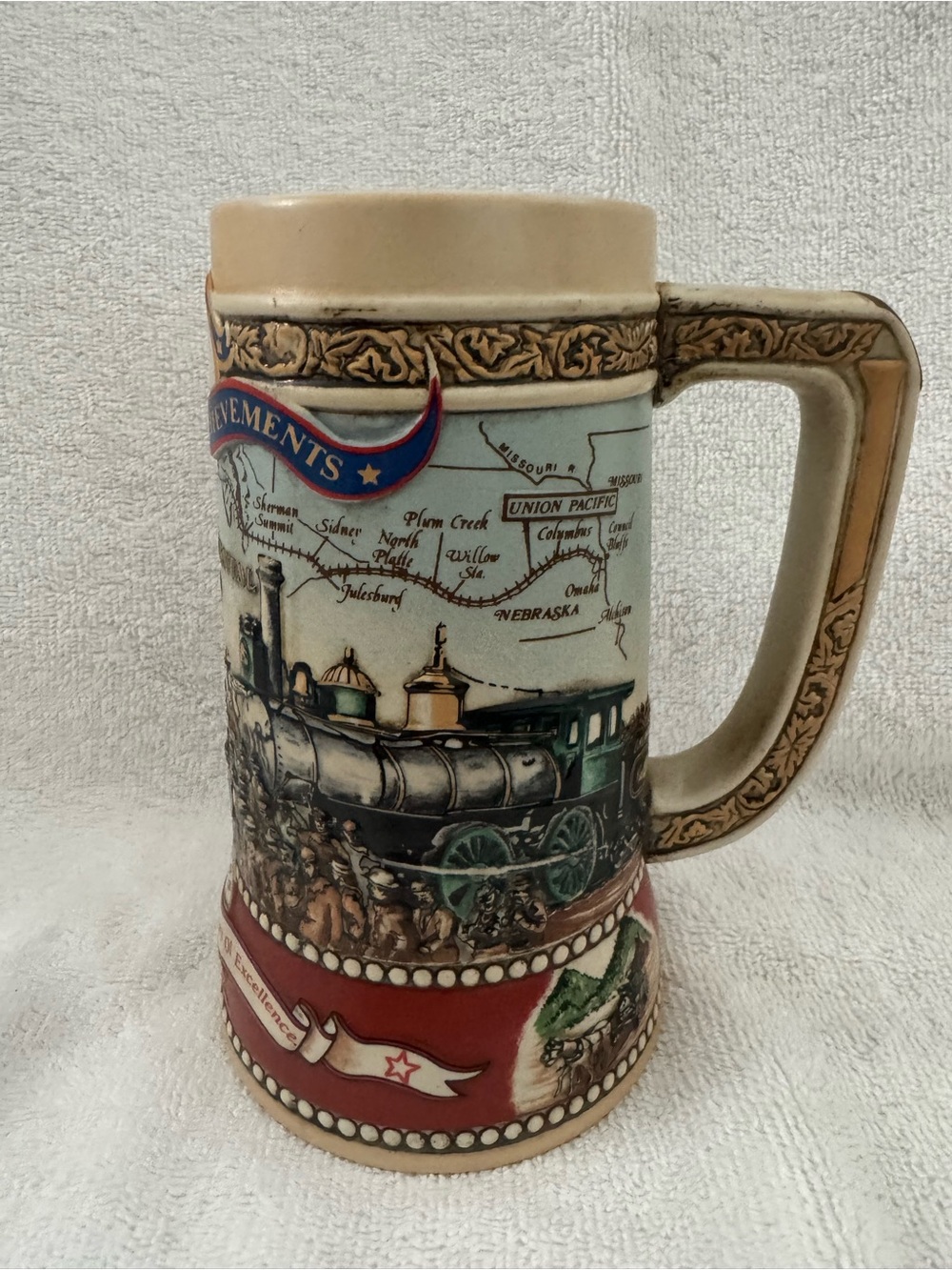 Vintage Miller Train Ceramic Stein in Cream, Red, and Green